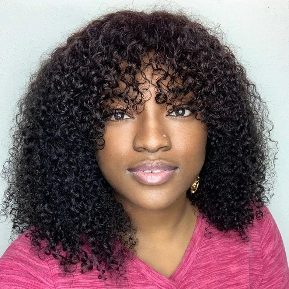 Malaysia Hair Kinky Curly Human Hair Wigs With Bang Full Machine Made 8-30 Inches Water Curly Fringe Wig Remy Hair Natual Color