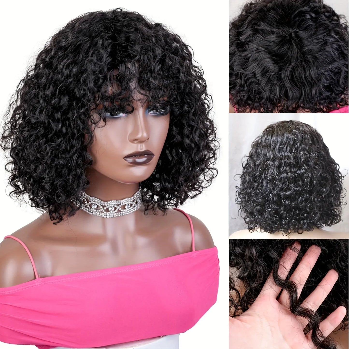 Malaysia Hair Kinky Curly Human Hair Wigs With Bang Full Machine Made 8-30 Inches Water Curly Fringe Wig Remy Hair Natual Color
