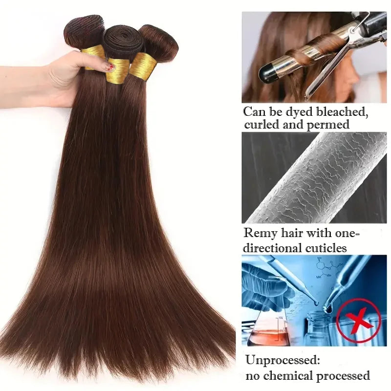 #4 Chocolate Brown Bone Straight Human Hair Bundle Deal 100% Raw Virgin 12A Hair Extensions Brazilian Doubt Weft Wholesale