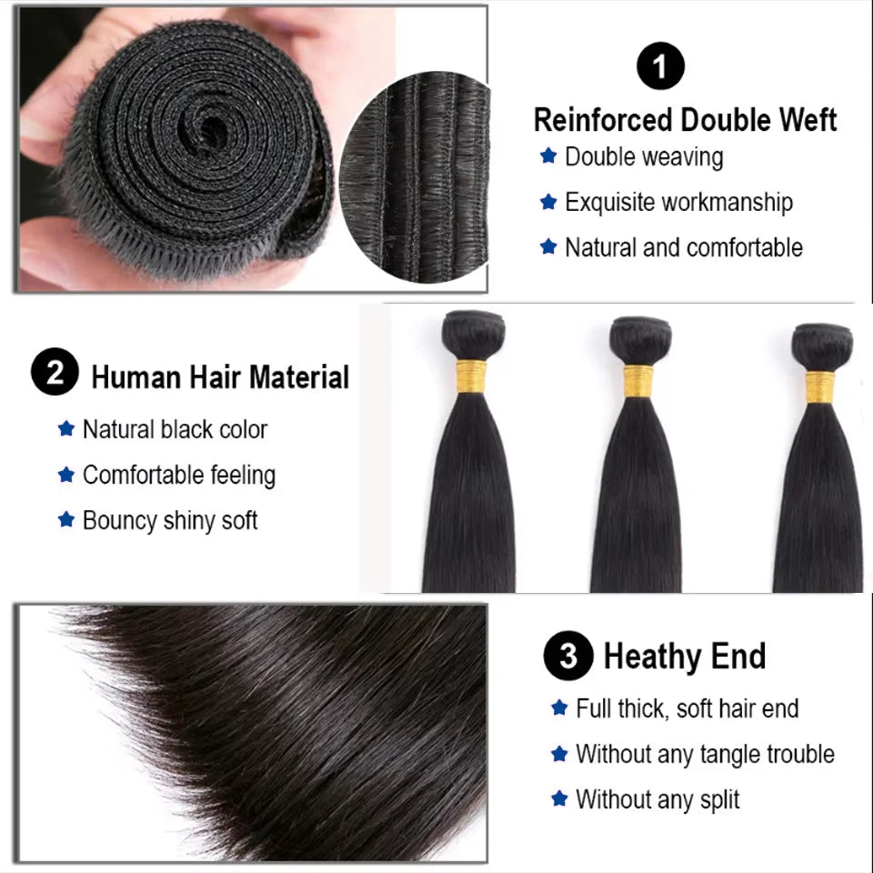 Brazilian Bone Straight Hair Bundles Double Weft Hair Bundles Natural Black 1/3/4 Bundles 100% Human Hair Extensions For Women