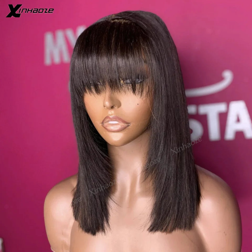 5x5 Silk Top Human Hair Wigs With Bangs Straight Hair Bob Wig 8-18" Natural Black Color Short 13x6 Lace Frontal Human Hair Wigs
