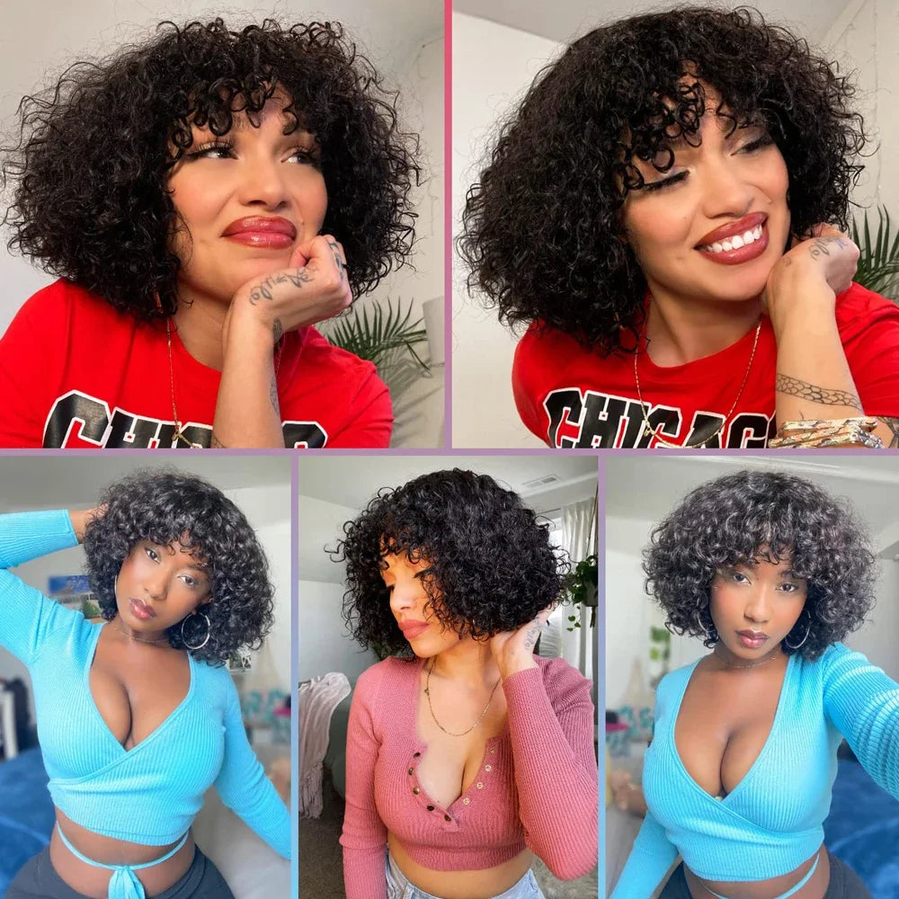 Malaysia Hair Kinky Curly Human Hair Wigs With Bang Full Machine Made 8-30 Inches Water Curly Fringe Wig Remy Hair Natual Color