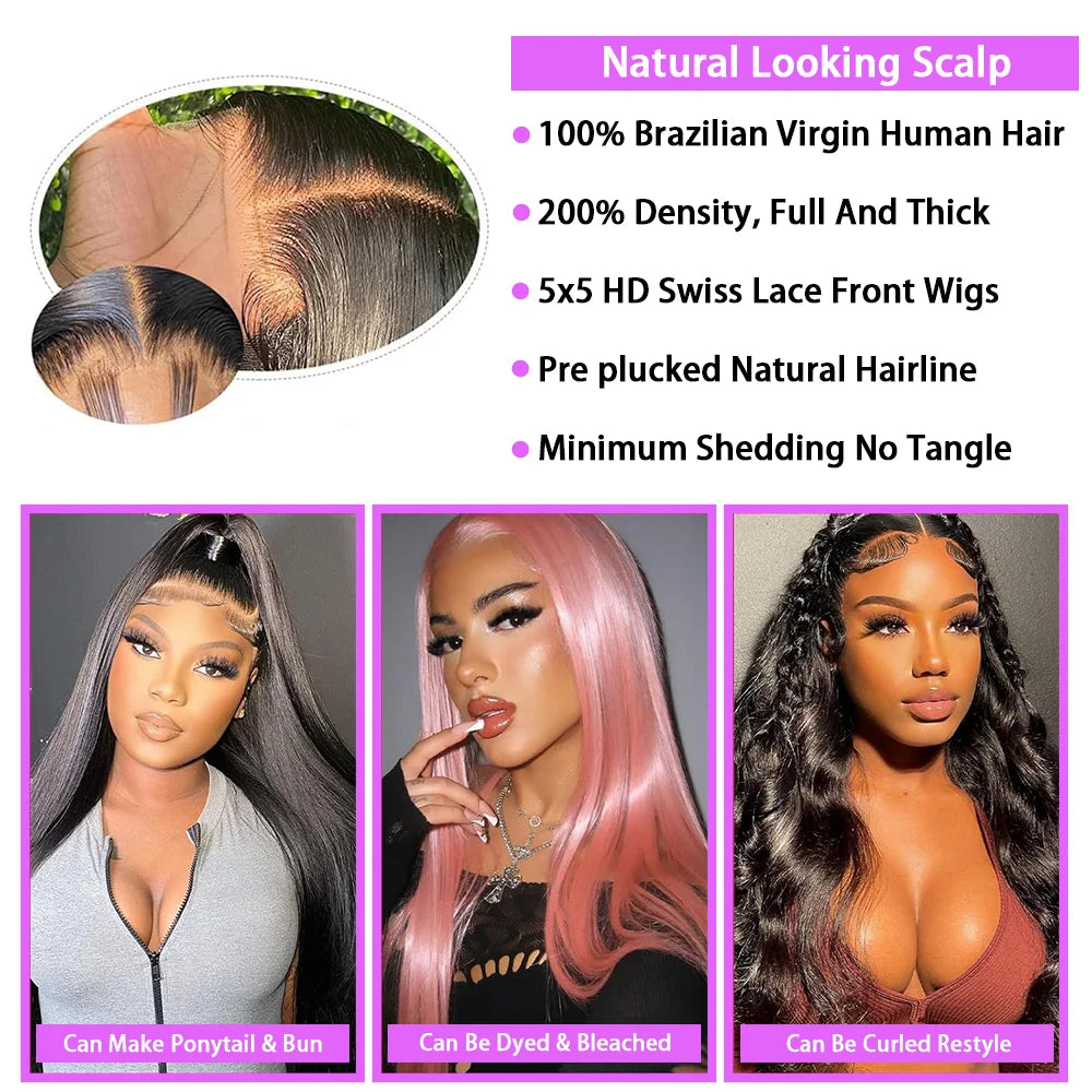 Straight Wear and Go 5x5 Glueless Wig Human Hair Natural Black 200% Density Pre Plucked Pre Cut Ready to Wear Glueless Wigs Hair