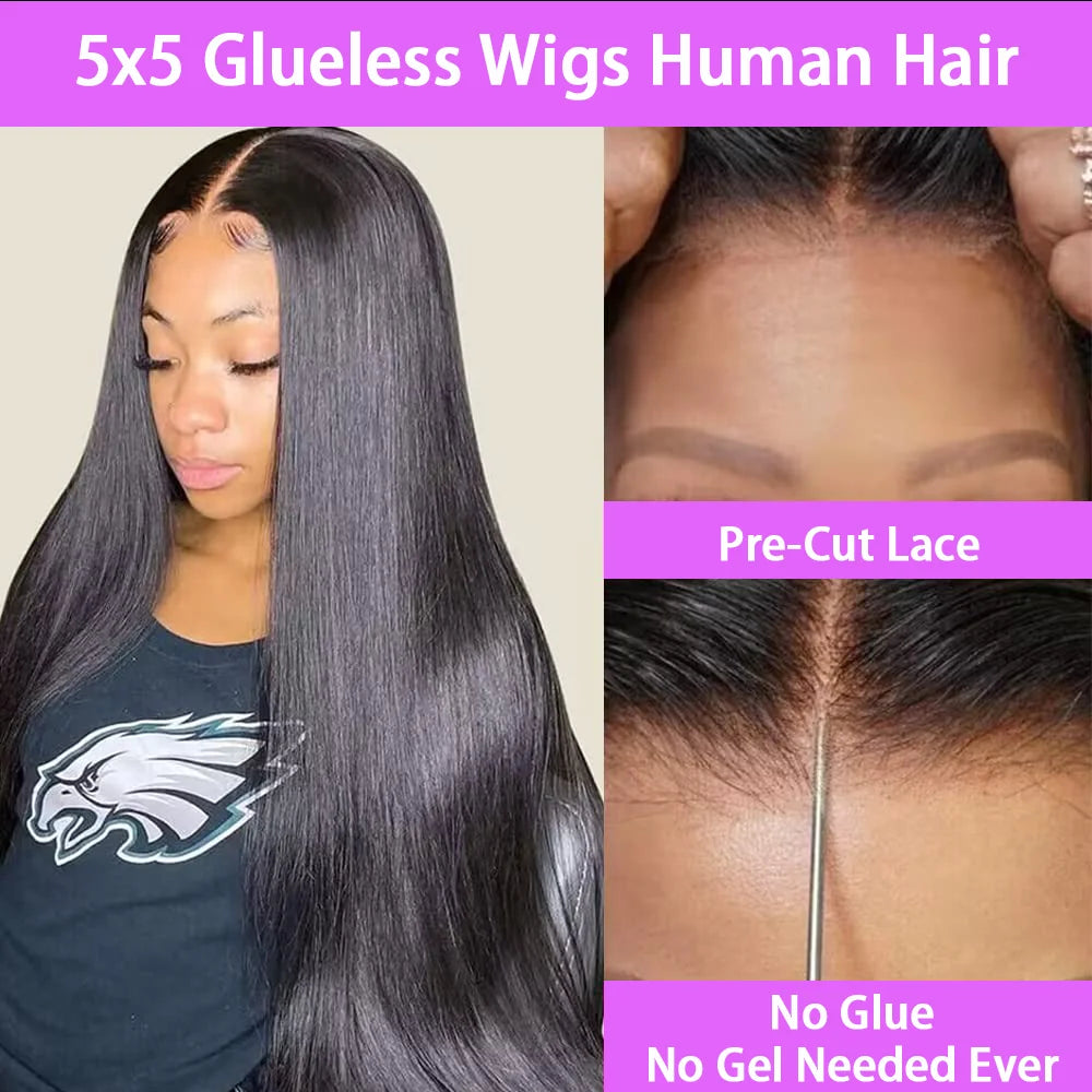 Straight Wear and Go 5x5 Glueless Wig Human Hair Natural Black 200% Density Pre Plucked Pre Cut Ready to Wear Glueless Wigs Hair