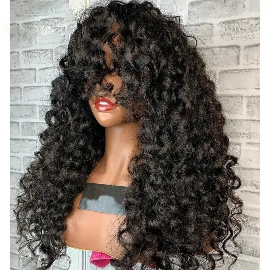 Malaysia Hair Kinky Curly Human Hair Wigs With Bang Full Machine Made 8-30 Inches Water Curly Fringe Wig Remy Hair Natual Color