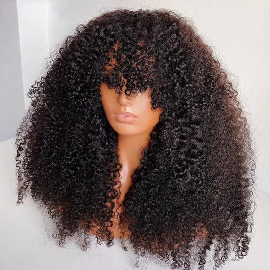 Malaysia Hair Kinky Curly Human Hair Wigs With Bang Full Machine Made 8-30 Inches Water Curly Fringe Wig Remy Hair Natual Color