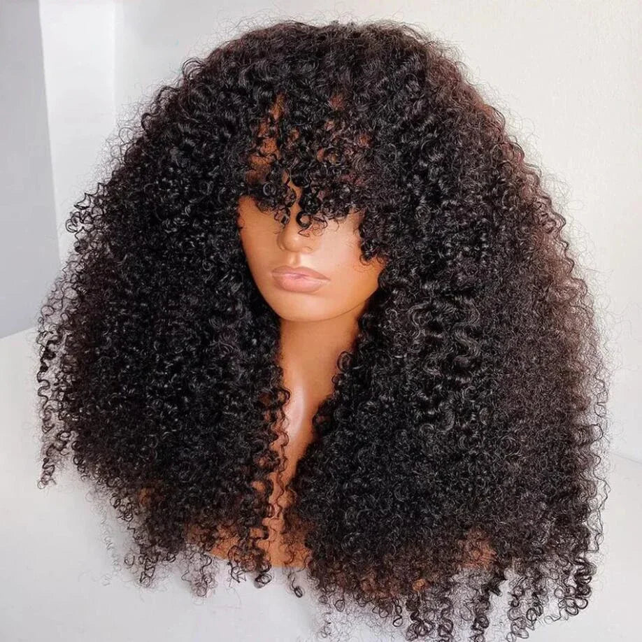 Malaysia Hair Kinky Curly Human Hair Wigs With Bang Full Machine Made 8-30 Inches Water Curly Fringe Wig Remy Hair Natual Color