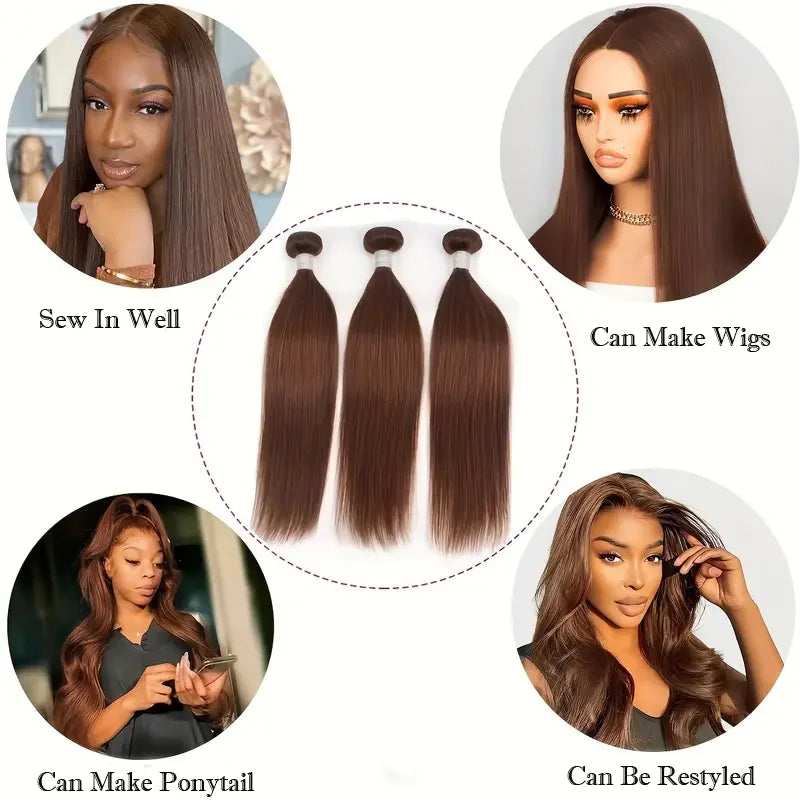 #4 Chocolate Brown Bone Straight Human Hair Bundle Deal 100% Raw Virgin 12A Hair Extensions Brazilian Doubt Weft Wholesale