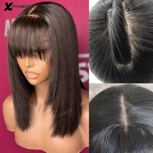 5x5 Silk Top Human Hair Wigs With Bangs Straight Hair Bob Wig 8-18" Natural Black Color Short 13x6 Lace Frontal Human Hair Wigs